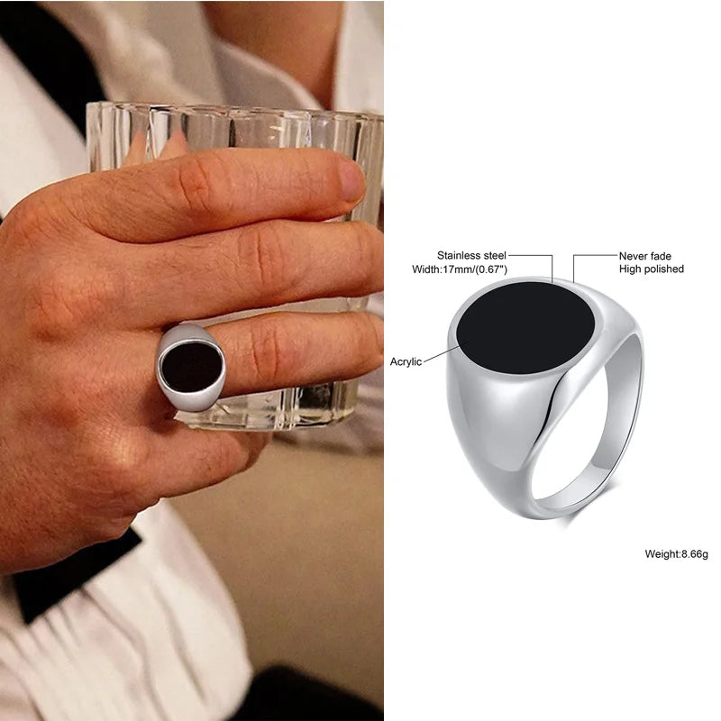Black Oval Signet Ring — Stainless Steel