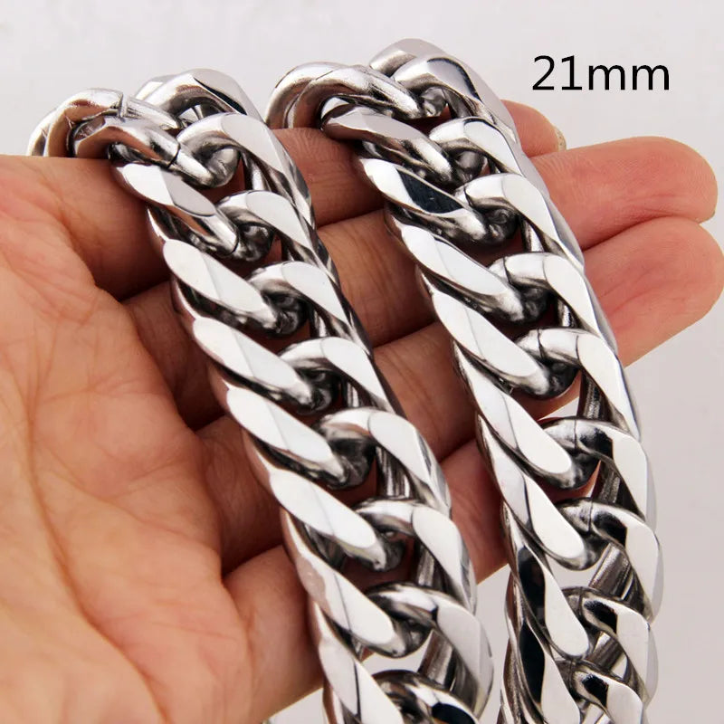 Miami Cuban Chains For Men Hip Hop Jewelry Silver Color Thick Stainless Steel Big Chunky Necklace 13mm/16mm/19mm/21mm