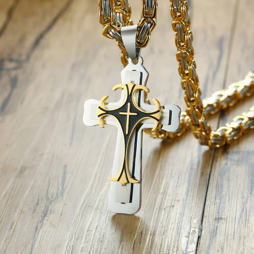 Cross Byzantine Gold Pendant Necklace — Steel