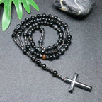 Tiger Eye Black Obsidian Rosary Cross Necklace — Black-Tone, 8mm