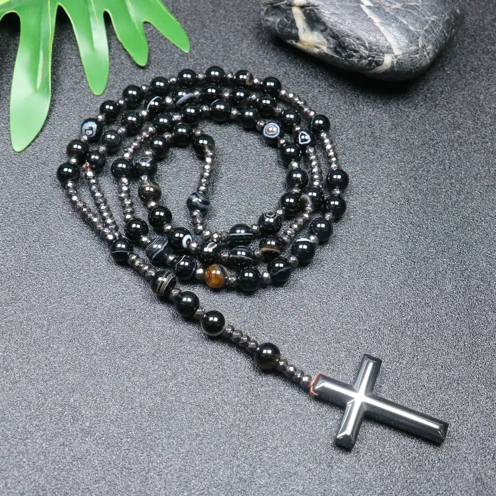 Tiger Eye Black Obsidian Rosary Cross Necklace — Black-Tone, 8mm