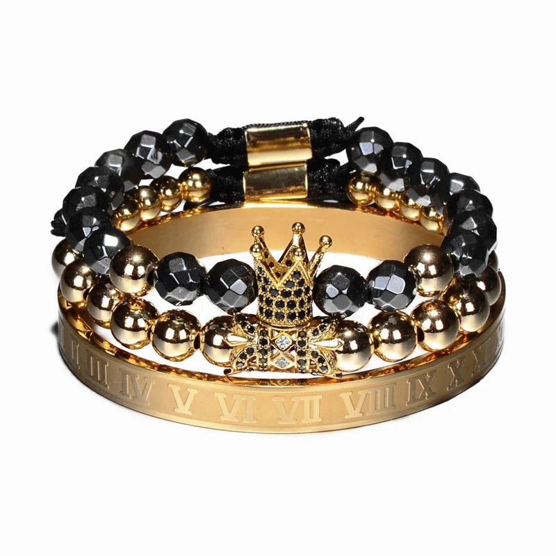 3pcs/Set Luxury Gold Color Beads Royal King Crown Dice Charm CZ Ball Bracelet Mens Fashion Bracelets & Bangles Multi