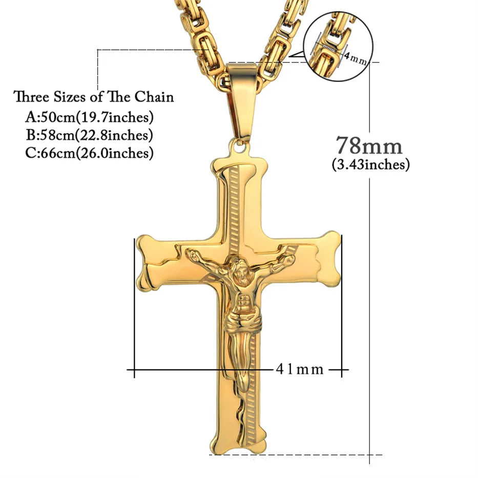 Fashion Byzantine Chain,Christ Cross Stainless Steel Long Necklace for Men Gold Color Statement Necklace Jewelry