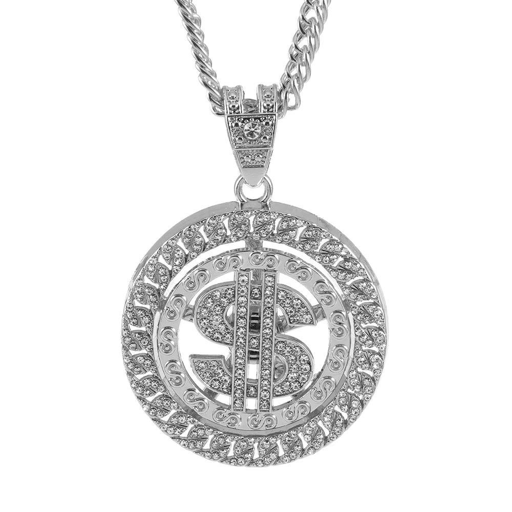 Hip Hop Rotatable US Dollar Pendant Necklace Men Gold Sliver Color Ice Out Crystal Sign Rock Pendant Bling Rapper Bling Jewerly