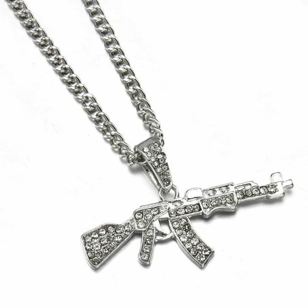 Gun Pendant Crystal Choker Rhinestone Chain Necklace — Two-Tone