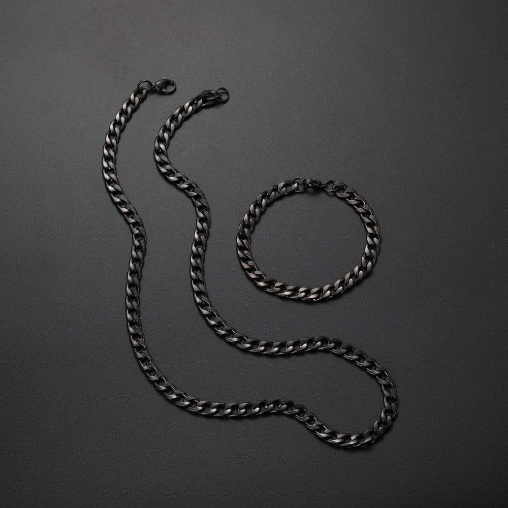 Black Chain Necklace Bracelet Set 8mm — Stainless Steel