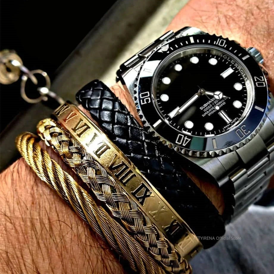 Luxury Roman Royal Classic Titanium Steel Hemp Rope Buckle Open Bangle Bracelets Fashion Type C Twisted Numeral For Men
