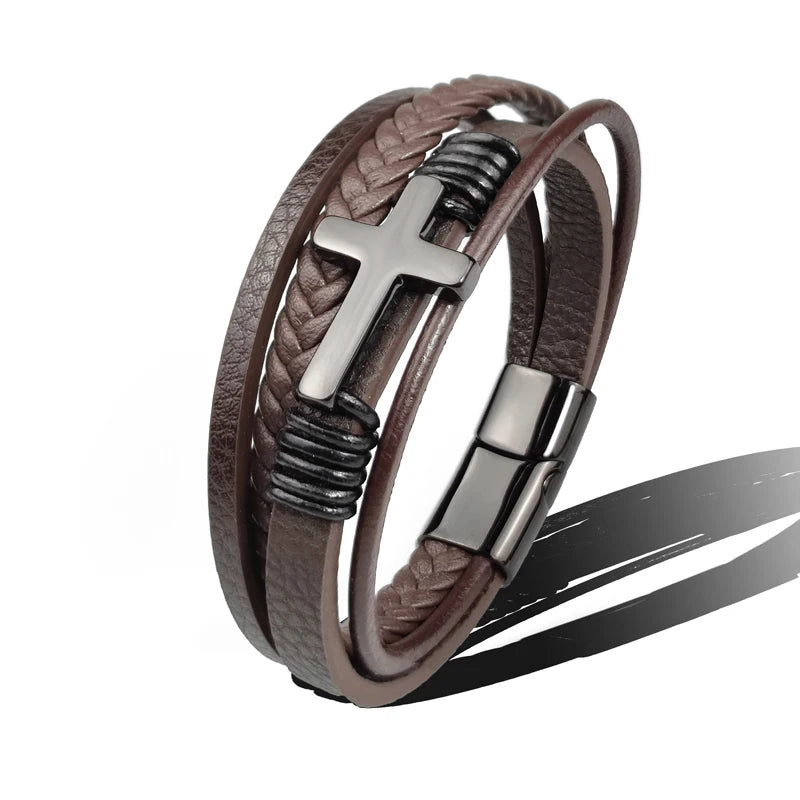 Charm Stainless Steel Leather Cross  Brown/black Bracelet Men Hiphop Jewelry Magnetic Clasp Mutilayer Male Cuff Wrap Bangle Gift