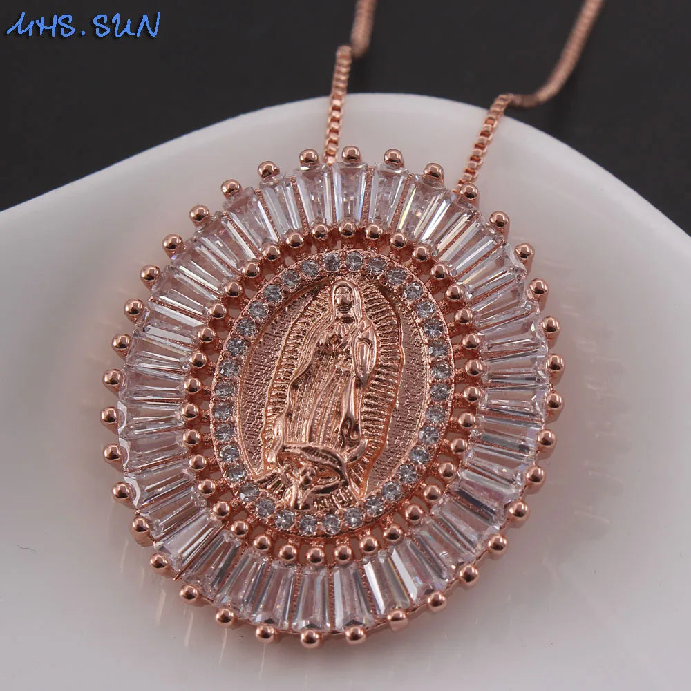 Iced Out Virgin Mary Gold Pendant Necklace