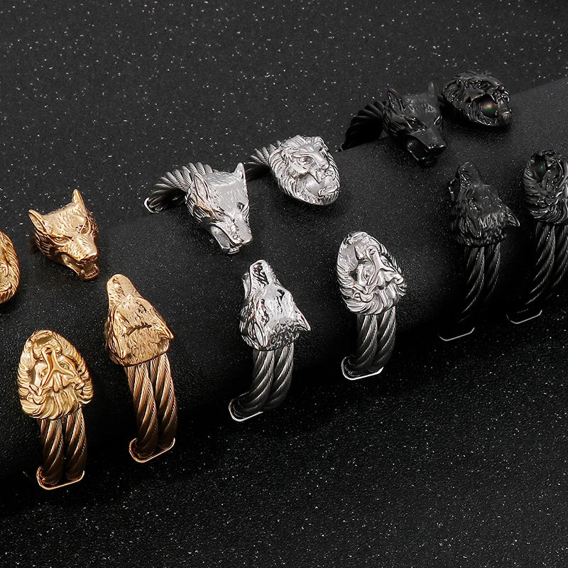 Gothic Gold Color Stainless Steel Wolf Lion Head Open Bangle Cuff Bracelet For Man Men's Boys On Hand Jewellery