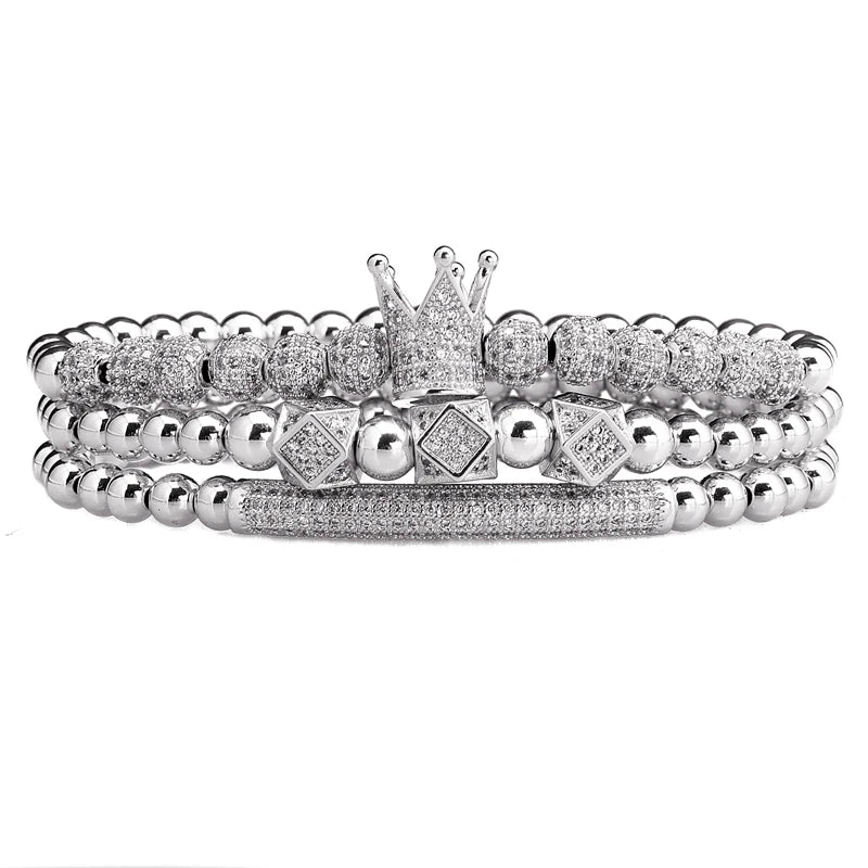 3pcs/Set Luxury Gold Color Beads Royal King Crown Dice Charm CZ Ball Bracelet Mens Fashion Bracelets & Bangles Multi
