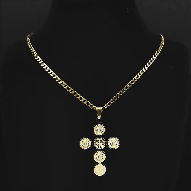 Saint Benedict Cross Pendant Necklace — Gold-Tone