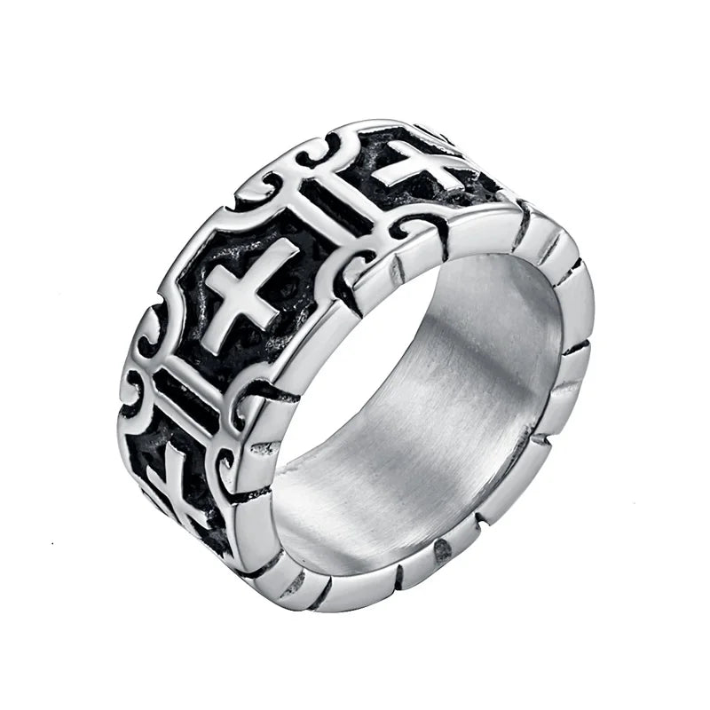 Valily Classic Retro Christian Jesus Cross Ring Stainless Steel Christian Believers Punk Rock Men's Round Rings Band