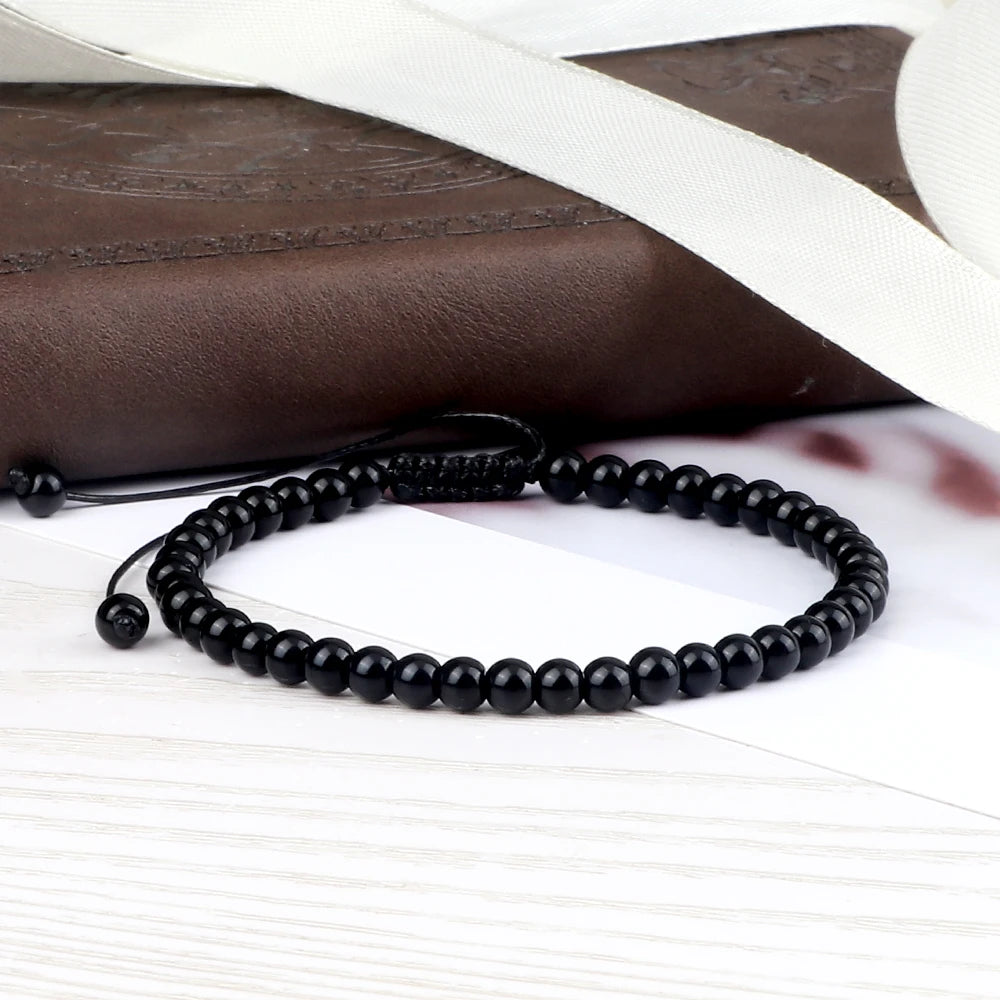 Beaded Bracelet 4 6 8mm Natural Stone Shiny Black Onyx Beads Bracelets & Bangles Adjustable Size Obsidian Wrist Jewelry