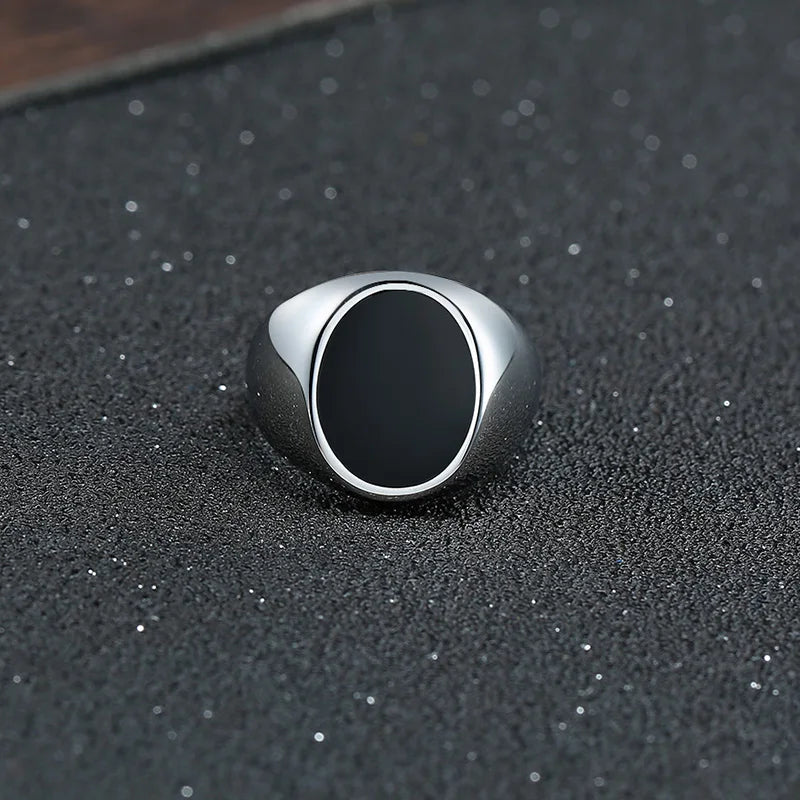 Black Oval Signet Ring — Stainless Steel