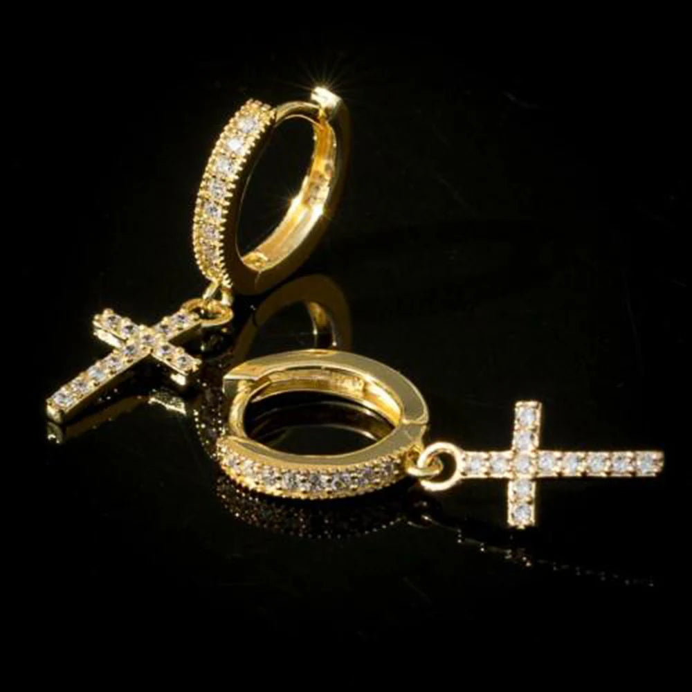 Iced Out Cross Drop Huggie Hoop Earrings with CZ Crystal