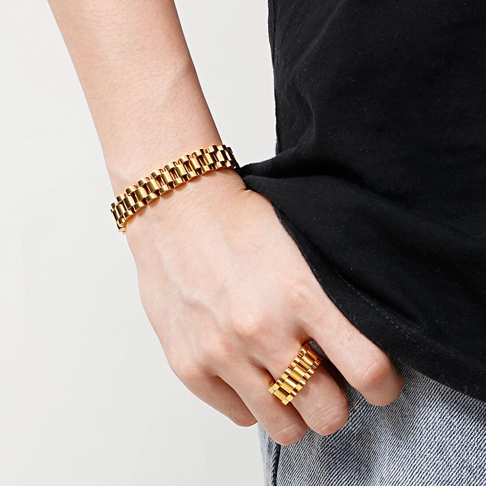 10MM Wide Watch Strap Chain Bracelet Men Luxury Gold Color Stainless Steel Bracelets For Women Finger Ring Men's Single