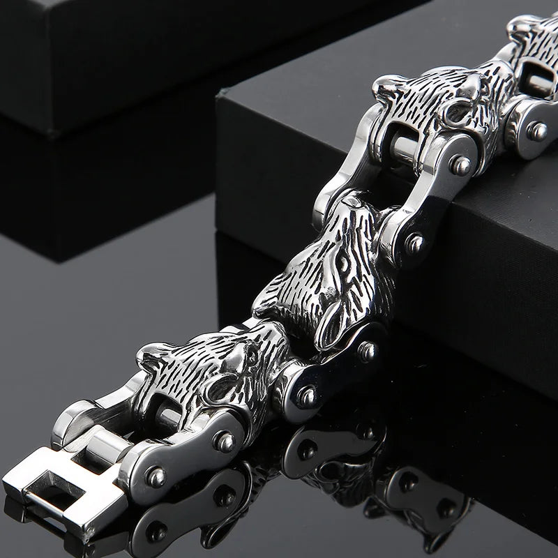 Rock and Roll Men's Bracelet Heavy And Study 20MM Bike Chain Wolf Head Bracelets For Man Massive Male Biker Jewelry