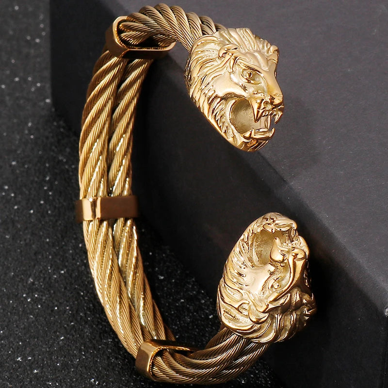 Gothic Gold Color Stainless Steel Wolf Lion Head Open Bangle Cuff Bracelet For Man Men's Boys On Hand Jewellery
