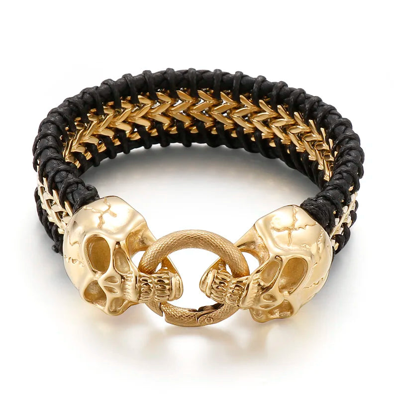 Gothic Skull Head Men's Bracelets Cowhide Leather & Stainless Steel Wristband Man Viking Homme Armband Hand Chain Male