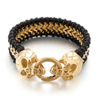 Gothic Skull Head Men's Bracelets Cowhide Leather & Stainless Steel Wristband Man Viking Homme Armband Hand Chain Male