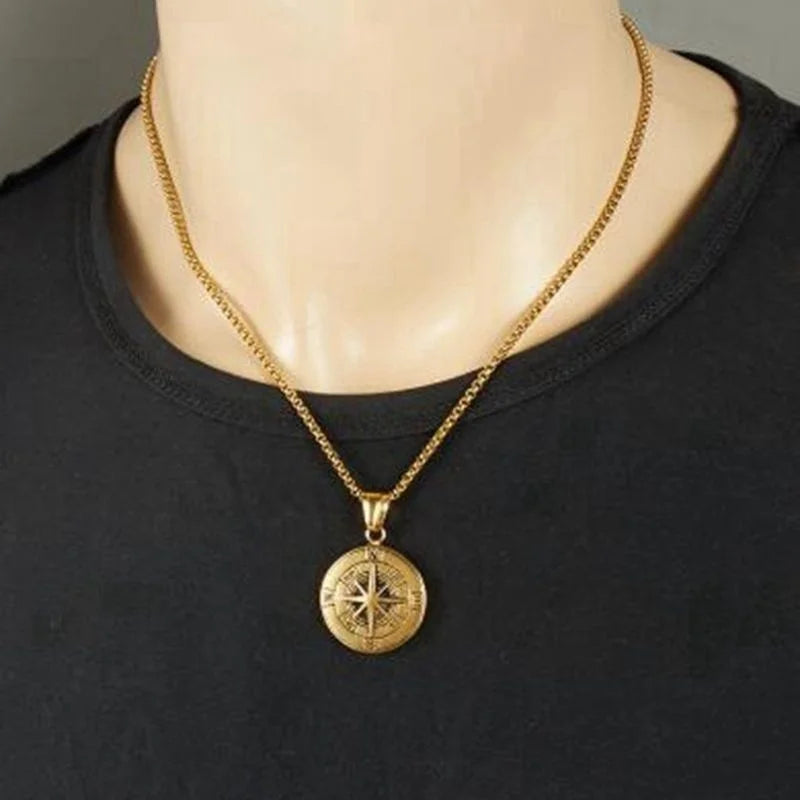 Viking Round Compass Sliding Pendant Necklace — Zinc Alloy