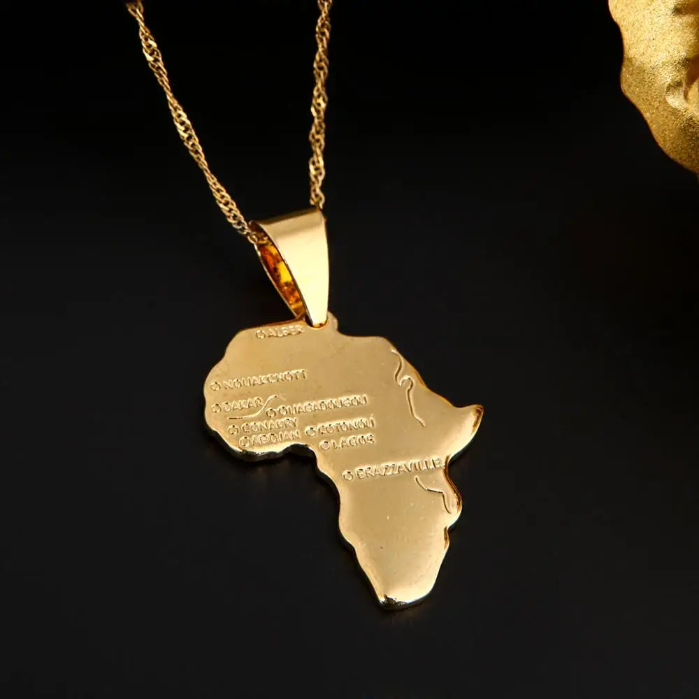 African Map Pendant Necklace — Gold-Tone, Engraved City Names