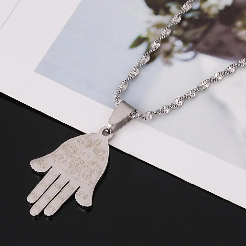 Stainless Steel Egyptian Eye of Good Luck Fatima Hamsa Hand Pendant Necklace Hand Palm Jewelry