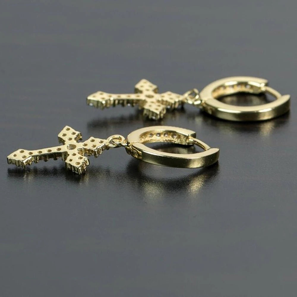 Iced Out Cross Drop Huggie Hoop Earrings with CZ Crystal