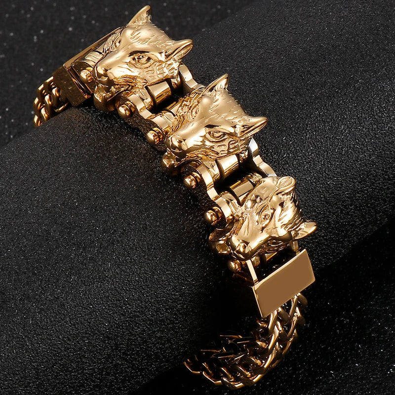 Gold Color Stainless Steel Chain Bracelet for Man Punk Gothic Skull Wristband With Magnetic Clasp Animal Head Homme