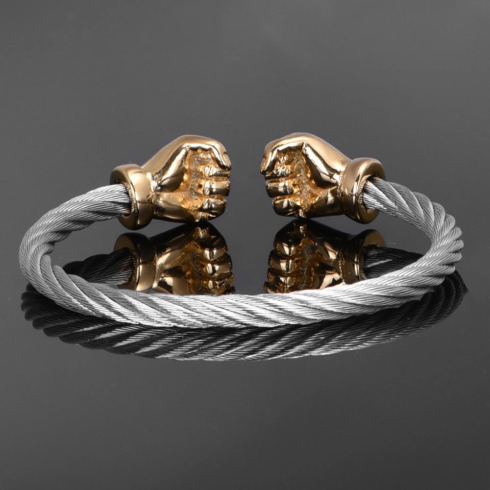 Fist Open Cuff Bangle Elastic Bracelet for Men — Two-Tone