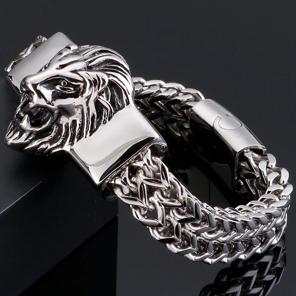 Lion Head Metal Bracelet Man 12MM Wide 316L Stainless Steel Snake Link Chain Men‘s Charm Bracelets On Hand Bands Strap