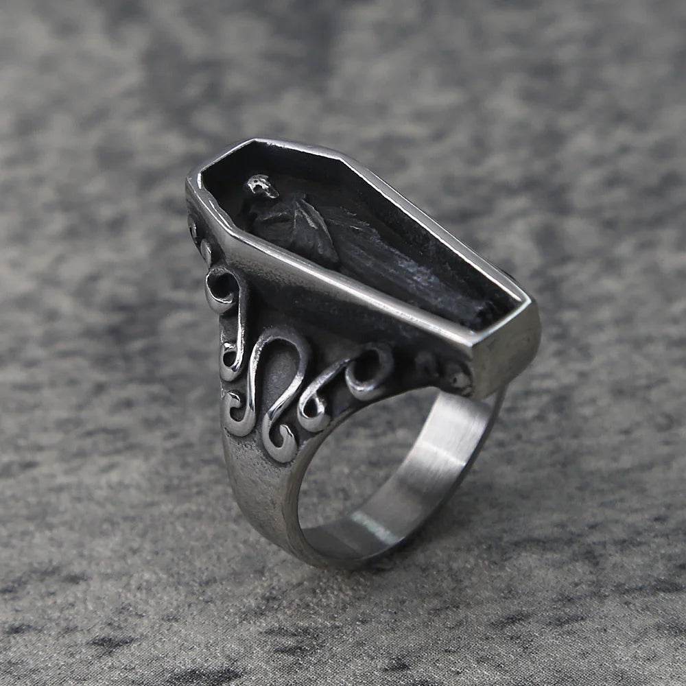 Unique Zombie Vampire Skull Biker Men's Ring Black Stainless Steel Punk Coffin Rings For Men Gothic Ring Wholesale Jewelry Gift