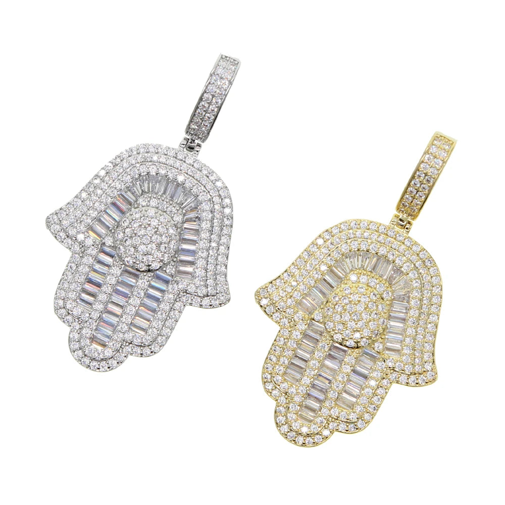 New Hamsa Hand Pendant Necklace 5mm Tennis Chain Hip Hop Iced Out Cubic Zirconia Sliver Color 5A CZ Stone Charm Jewelry