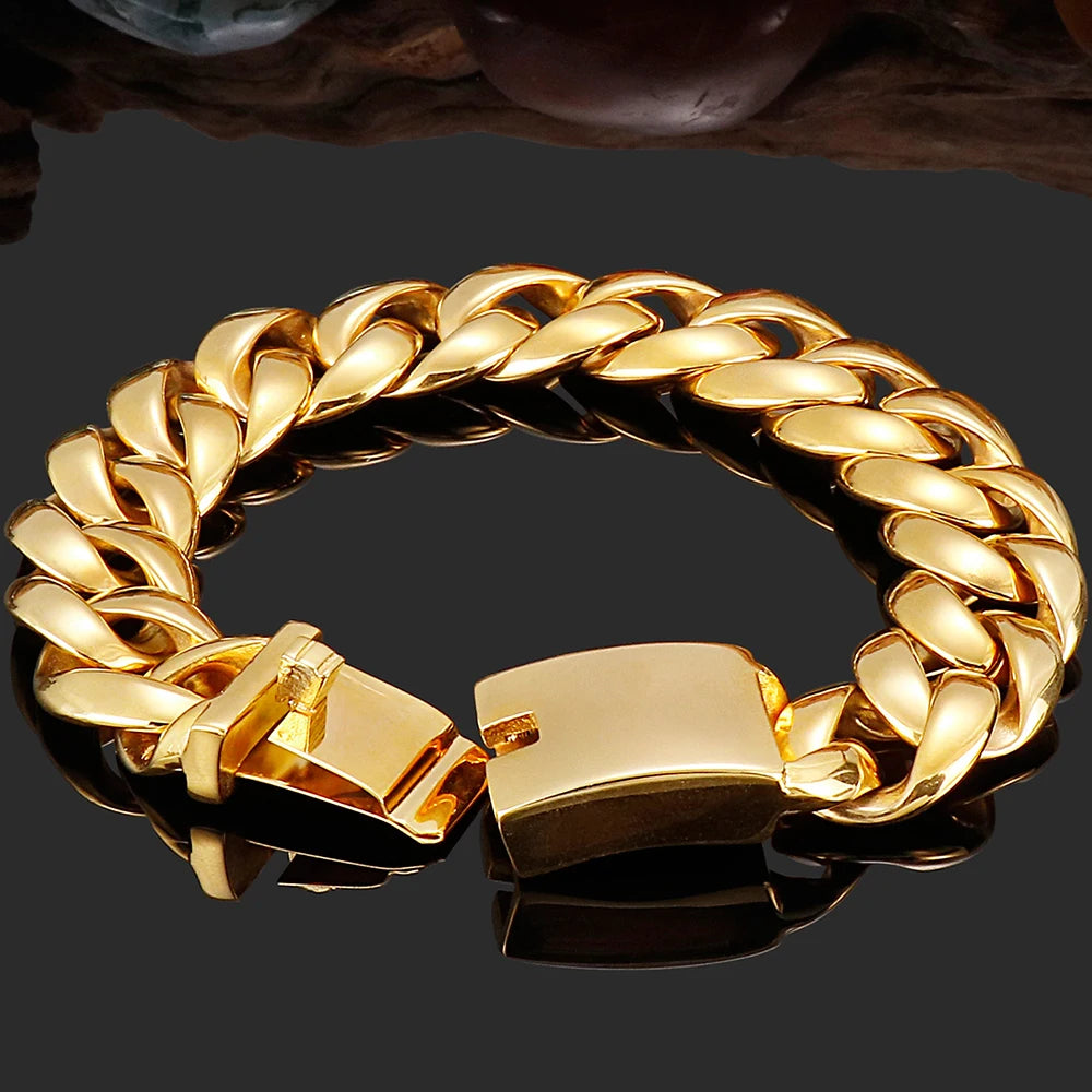 Polished Gold Color Bracelet For Man In Stainless Steel Mannen Armband Boys Hand Bracelets Massive Men's Jewelry