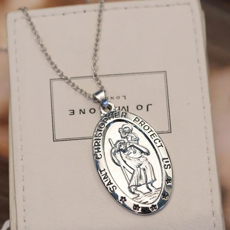 Trendy St. Christopher Pattern Oval Pendant Necklace Women's Necklace Fashion Clavicle Chain Pendant Accessories Party