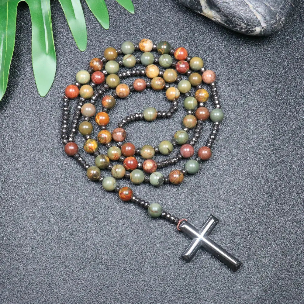 Tiger Eye Black Obsidian Rosary Cross Necklace — Black-Tone, 8mm