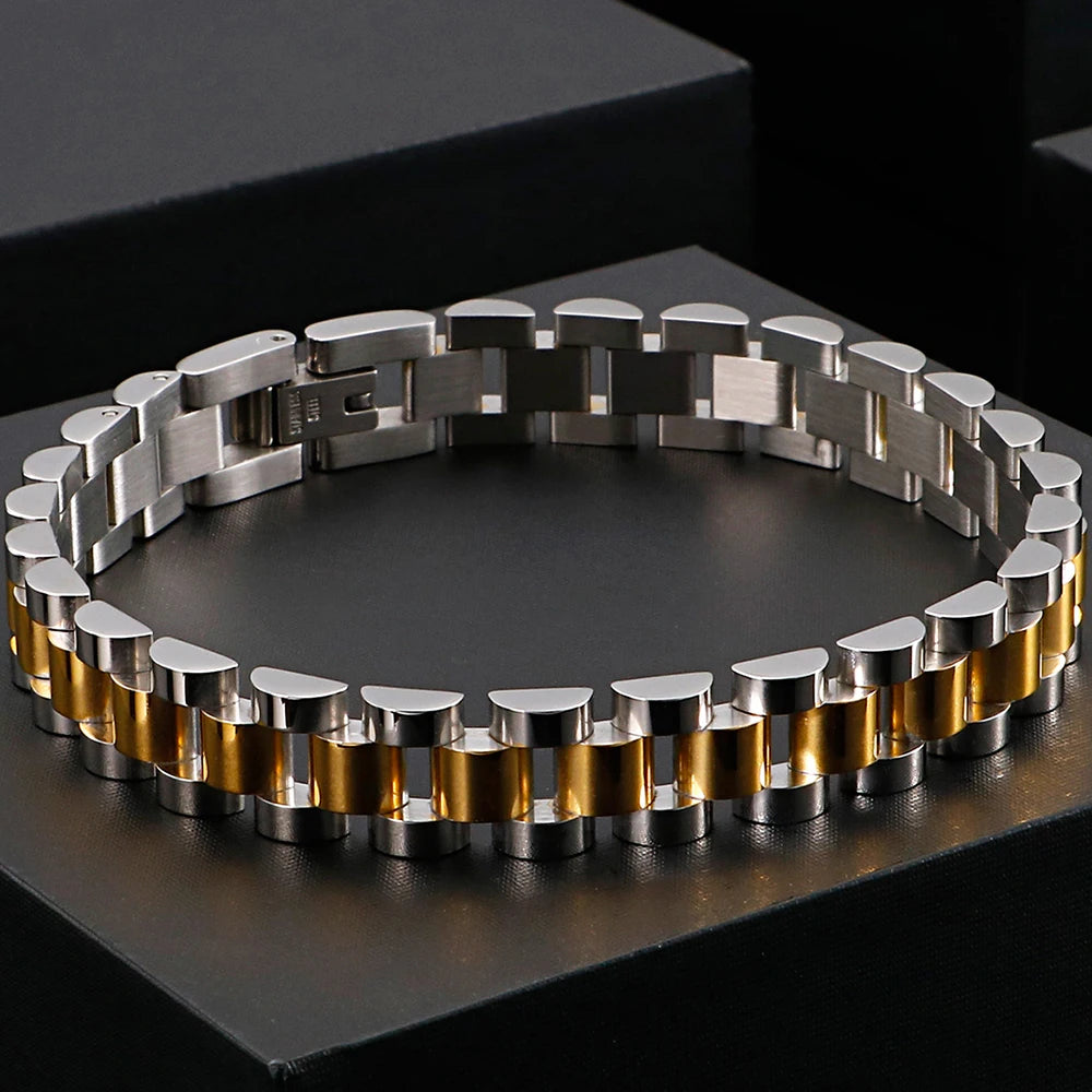 10MM Wide Watch Strap Chain Bracelet Men Luxury Gold Color Stainless Steel Bracelets For Women Finger Ring Men's Single