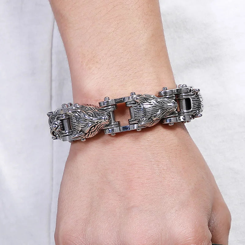 Rock and Roll Men's Bracelet Heavy And Study 20MM Bike Chain Wolf Head Bracelets For Man Massive Male Biker Jewelry