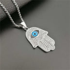 Turkish Evil Eye Hamsa Hand of Fatima Pendant Necklace Gold Color Stainless Steel Iced Out Chain Hip Hop Women/Men