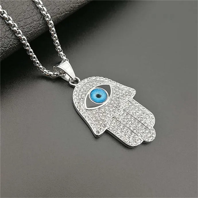 Turkish Evil Eye Hamsa Hand of Fatima Pendant Necklace Gold Color Stainless Steel Iced Out Chain Hip Hop Women/Men