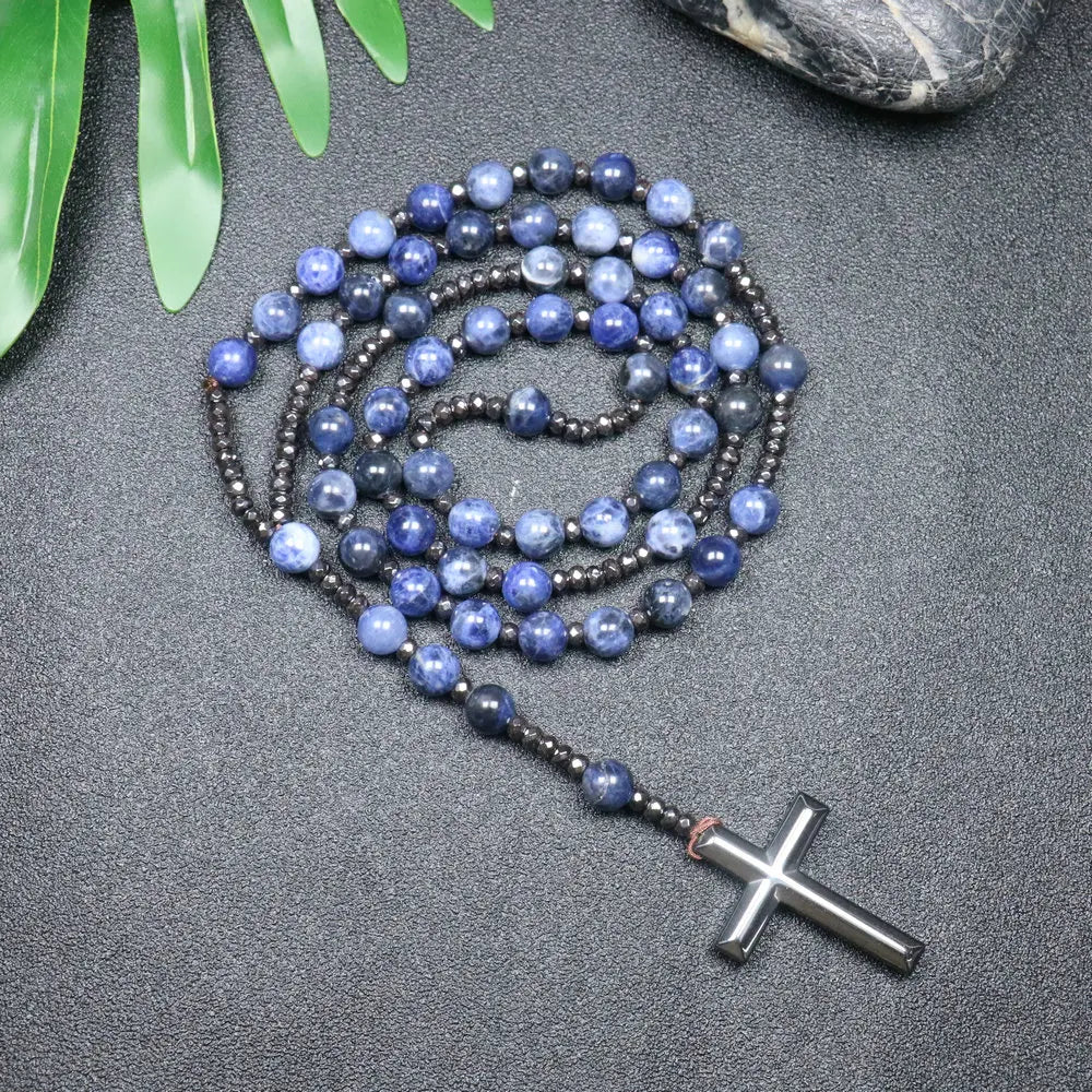 Tiger Eye Black Obsidian Rosary Cross Necklace — Black-Tone, 8mm