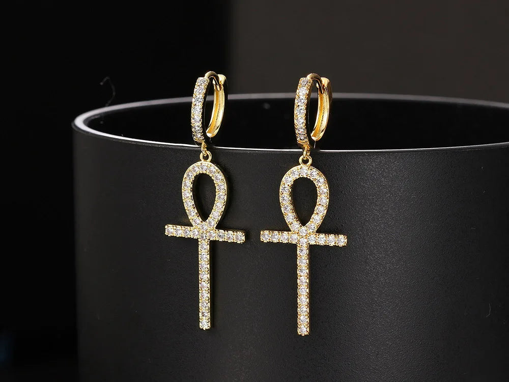 Iced Out Ankh Dangle Hoop Earrings CZ