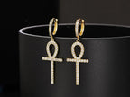 Iced Out Ankh Dangle Hoop Earrings CZ