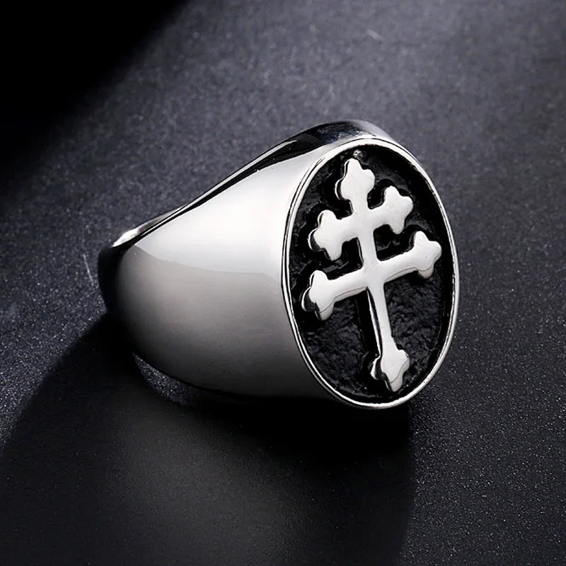 Classic Lorraine Cross Signet Ring for Men Gold/Silver Color Stainless Steel Orthodox Cross Ring Male Punk Biker Jewelry