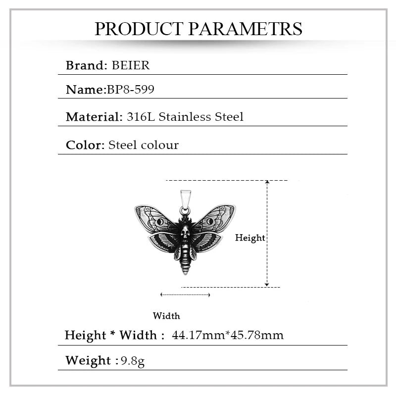 Beier Death Head Skull Butterfly Moth Pendant necklace For Man Stainless Steel Punk good detail Animal Jewelry BP8-599