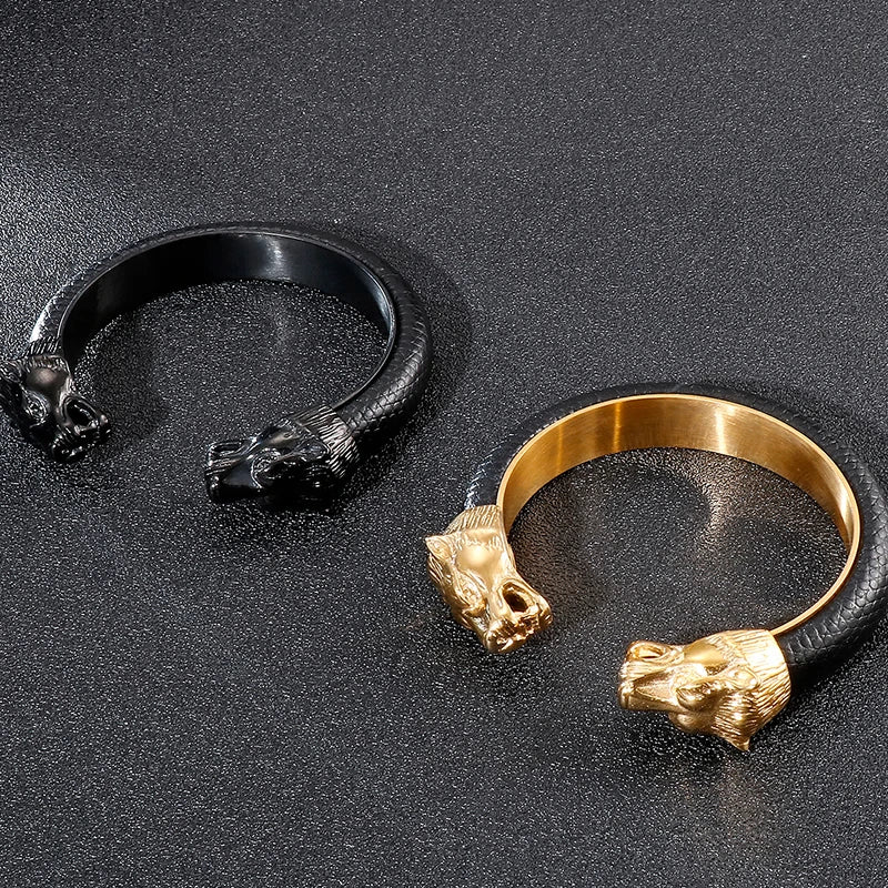 Gold Color Stainless Steel Lion Head Open Bangles For Men Elastic Adjustable Leather Bracelets Boys Hand Accessories