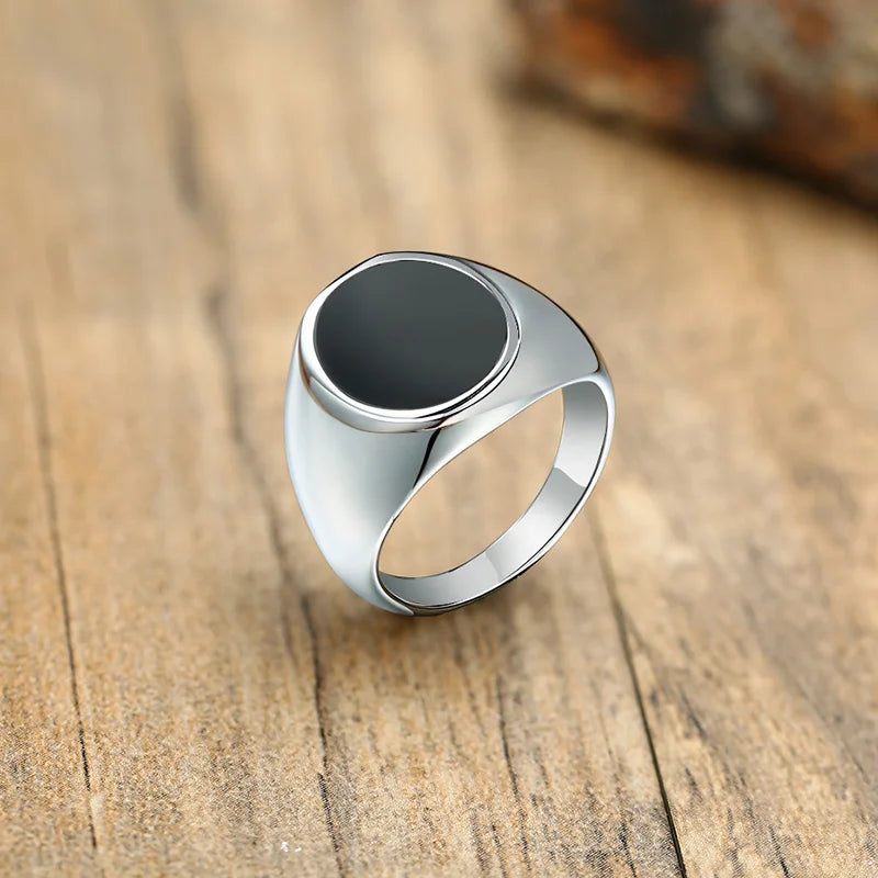 Black Enamel Square Signet Ring — Stainless Steel