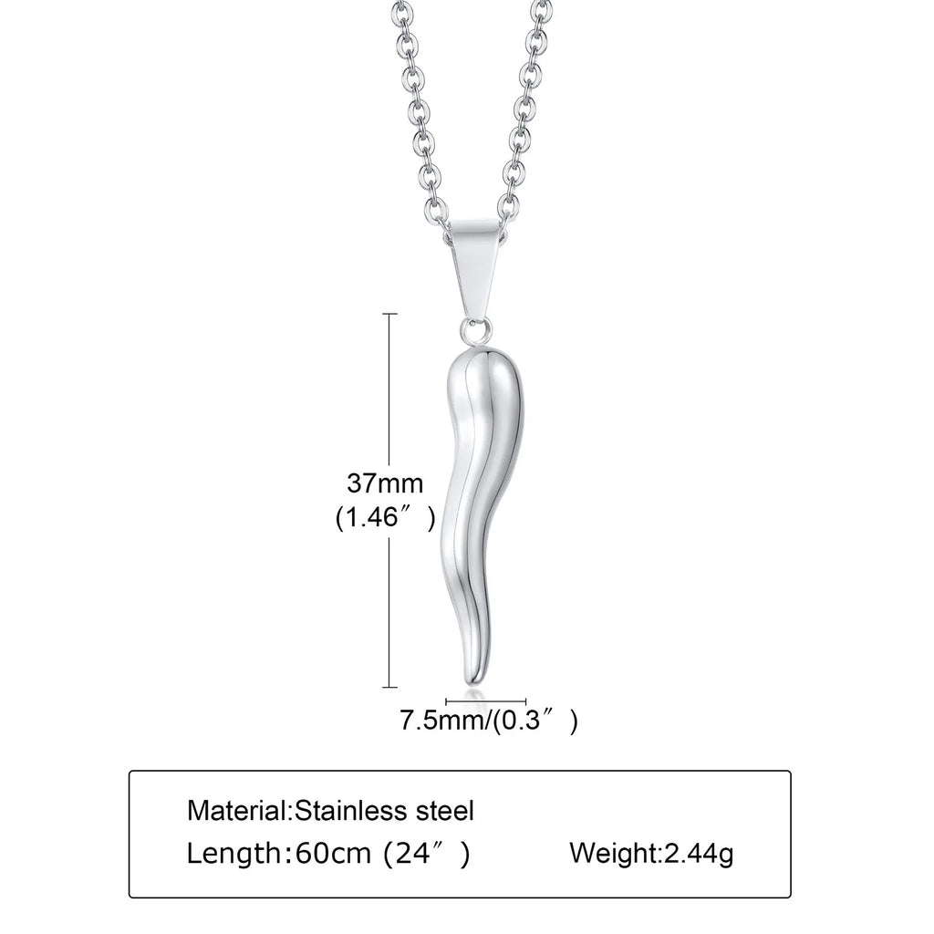 Italian Horn Charm Pendant Necklace — Stainless Steel
