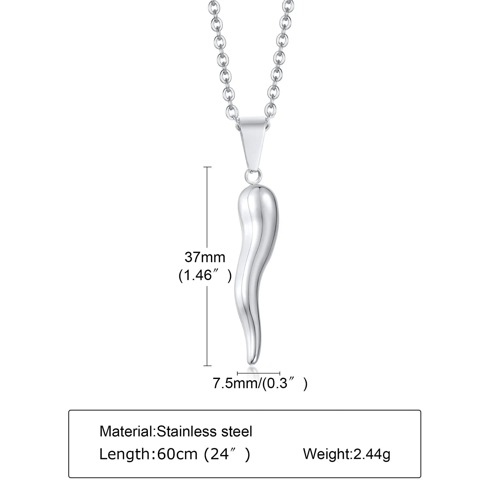 Italian Horn Charm Pendant Necklace — Stainless Steel